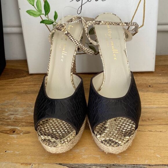 Bettye Muller Platform Peep Toe Snakeskin‎ Heels size 9.5 Black New - Picture 4 of 11